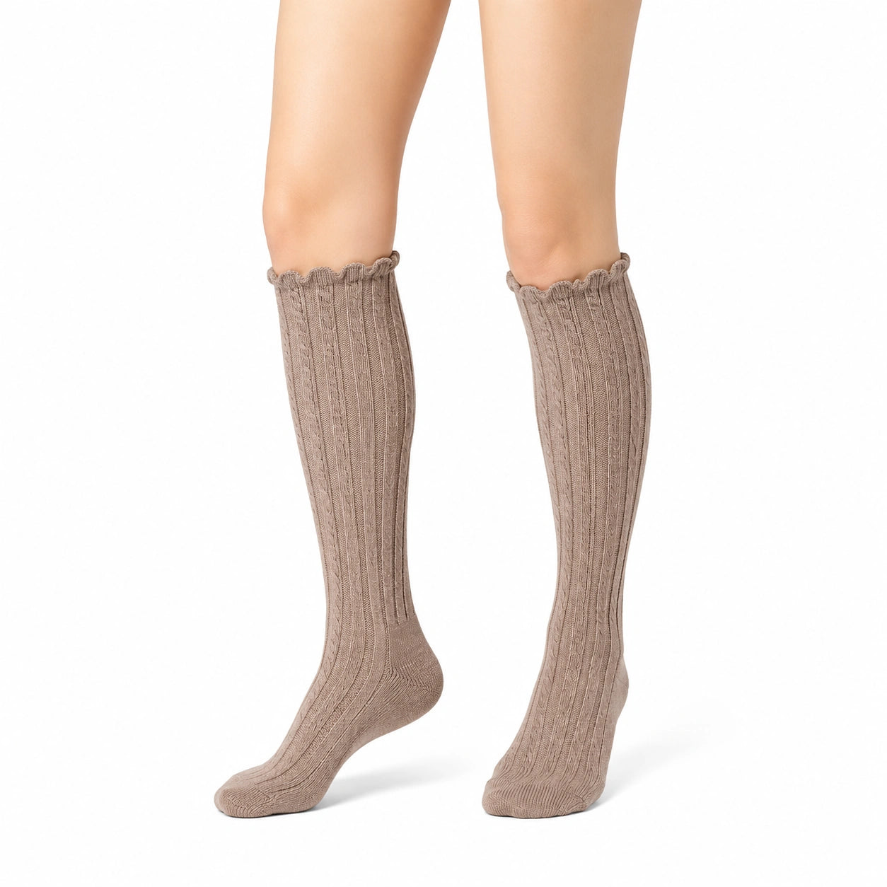 Calze al ginocchio 35-38 in maglia beige a coste con bordo ondulato