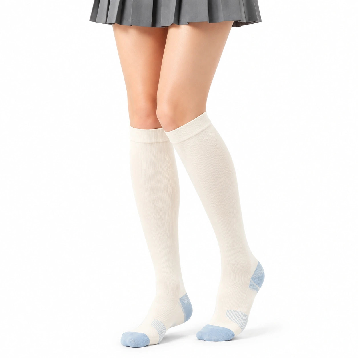 Calze al ginocchio 35-38 in maglia a coste bianco azzurro - stile sportivo