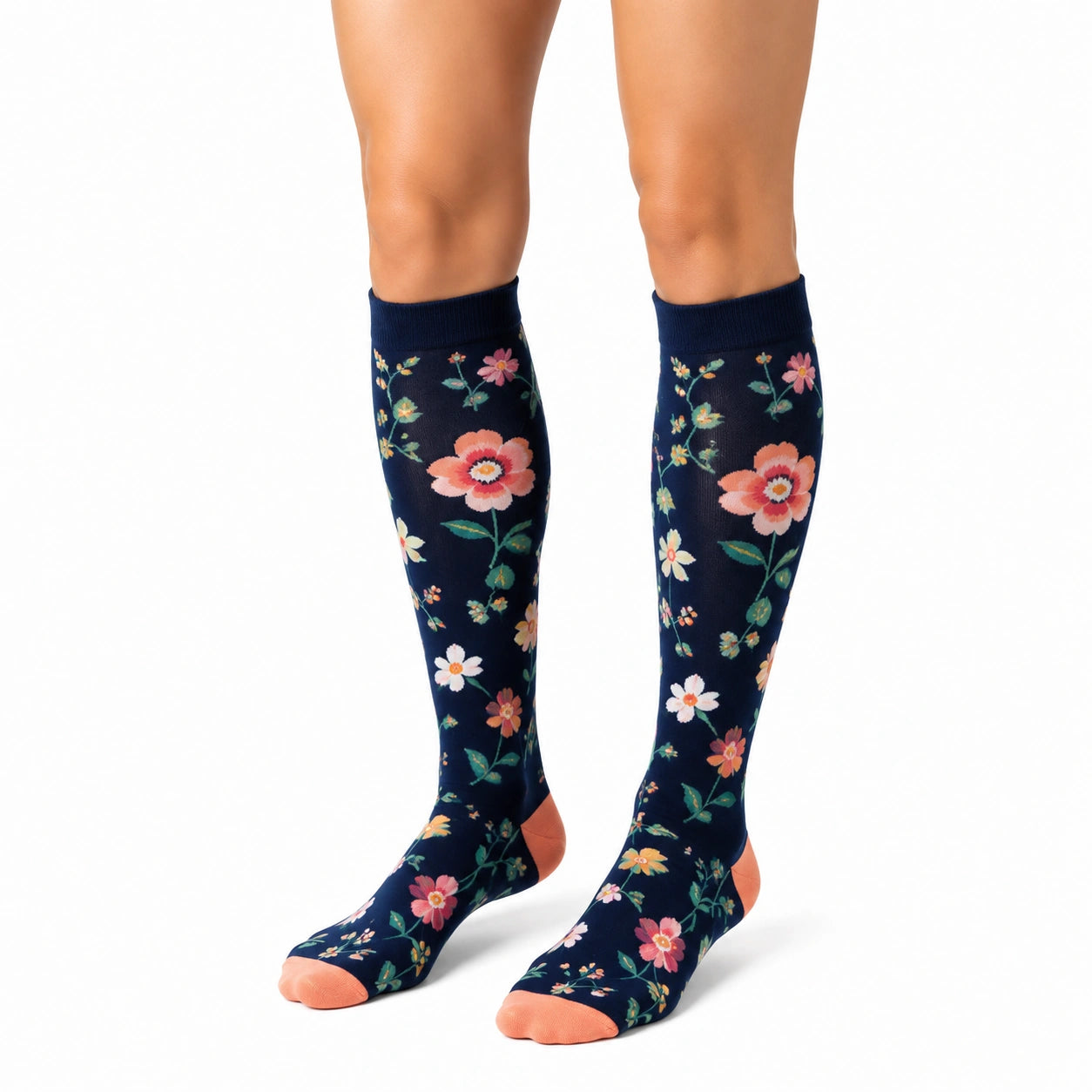 Calze lunghe 35-38 in tessuto elasticizzato blu navy floreali - stile casual