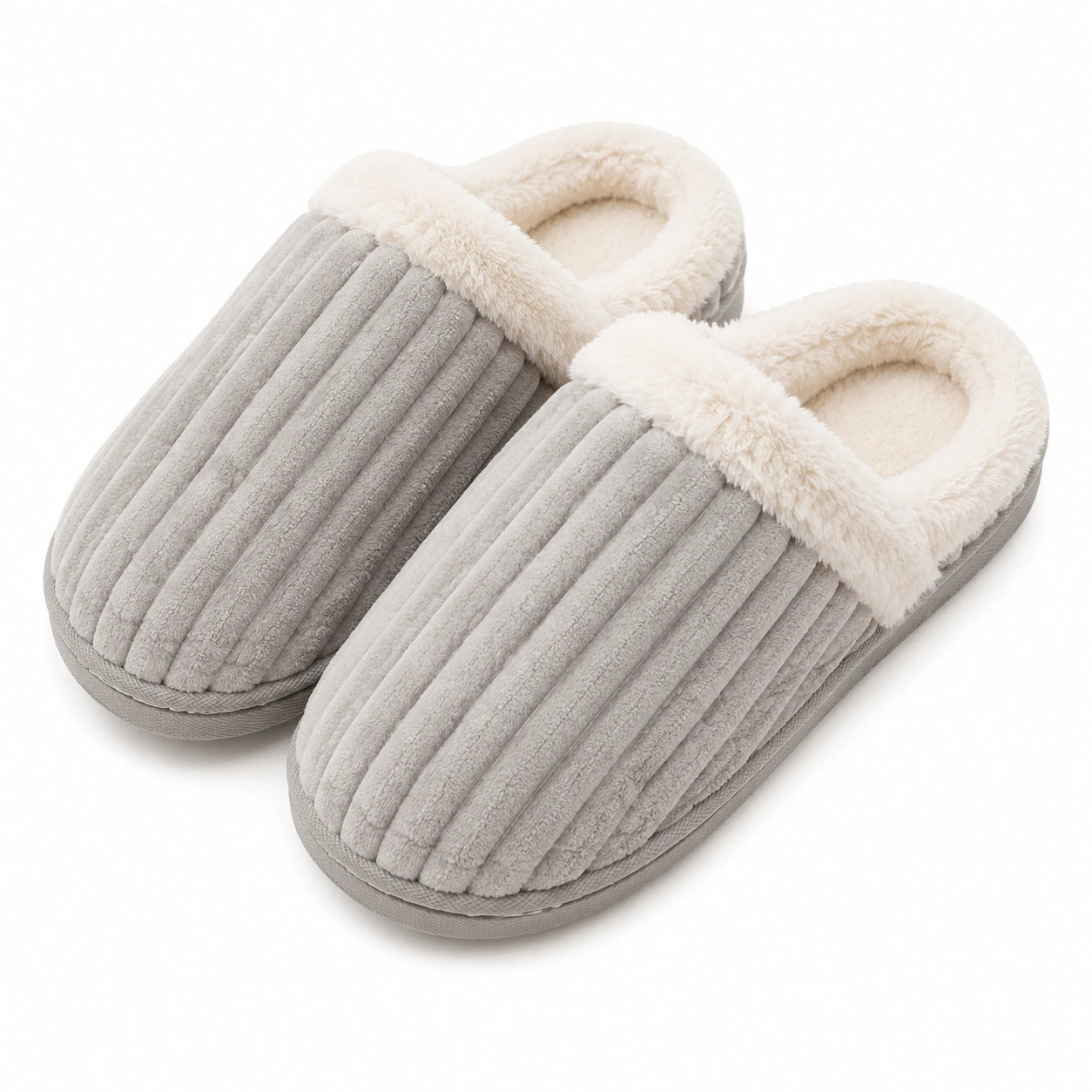 Pantofole da casa 42/43 in tessuto grigio con bordo in pelliccia sintetica - morbide e calde